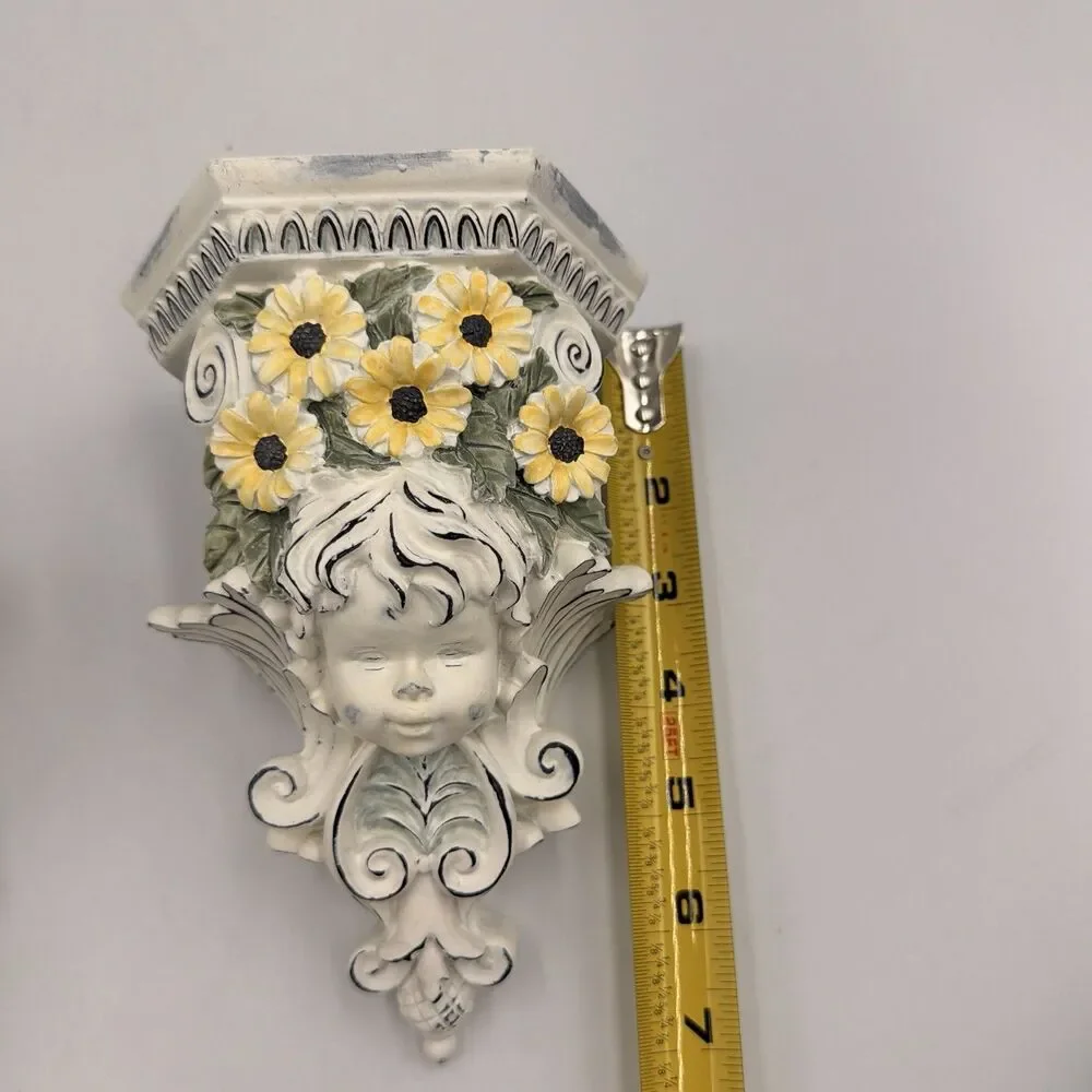 Vintage Cherub Curtain Rod Holders Wall Sconces Set 2 Resin Shabby Chic Floral